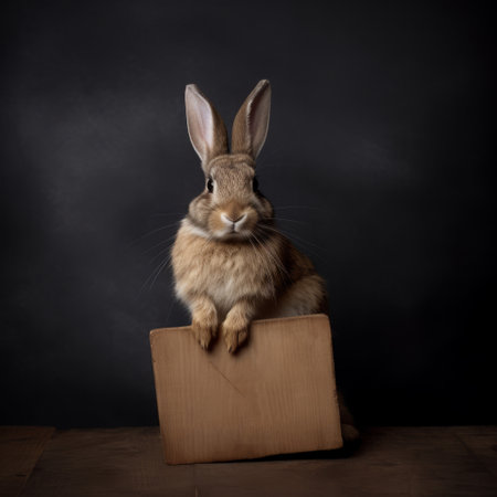 a rabbit poses on a wooden board against a black background in the style of the dusseldorf school of photography. the image is reminiscent of the works of maria sibylla merian and guido van helten. this contest-winning photograph was captured using fujifilm velvia on cardboard and features a nonrepresentational composition. ai generatedの素材