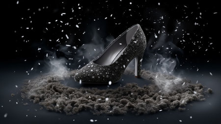 woman in high heels walks on snowy ground in a photorealistic rendering with a smokey background. the exquisite craftsmanship of the image is highlighted by the water drops on the woman's shoes. the dark gray color scheme adds to the fantastical and surreal atmosphere of the image. the gutai group's influence on the style of the image is evident in the use of machines andの素材