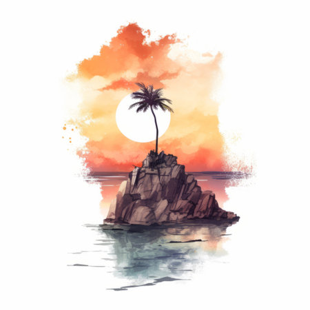 island, palm tree, and sunset illustration in realistic watercolor style. the graphic rock-inspired composition and tattoo-inspired design create a havencore vibe. the richly colored image captures the realistic pensive stillness of the scene. keywords: island, palm tree, sunset, illustration, realistic watercolor, graphic rock-inspired, tattoo-inspired, havencore, richly colored, pensive stillness. ai generatedの素材