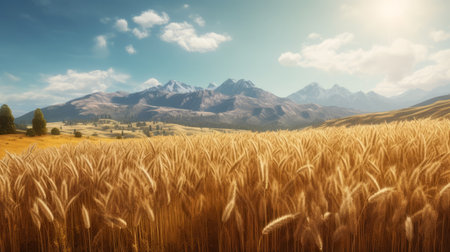 the wheat field in this photo is beautifully rendered in the style of unreal engine, with mountainous vistas in the background adding to the breathtaking scenery. this national geographic-worthy photo boasts hyper-detailed and realistic renderings, with heavily textured wheat adding depth and dimension to the image. whether you're a nature lover or a fan of stunningly realistic digital art, this photo is sure to impress.の素材