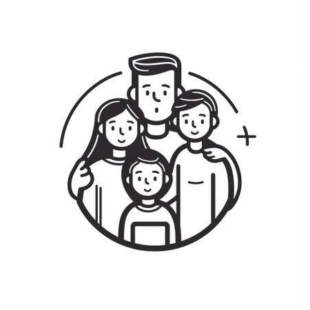 this illustration features a stylized family and friends in circular shapes, created in the style of engraved line-work with realistic detailing. the use of a manual focus lens adds depth to the character caricatures, while the positivenegative space creates an animated gif effect. a modern family icon that captures the essence of togetherness and friendship. ai generatedの素材