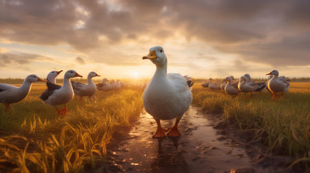 geese bask in the warm glow of the setting sun, creating a stunning water fowl photo. rendered in the unique style of cinema4d, these quirky characters are captured with a wide angle lens against the backdrop of a picturesque dutch landscape. the realistic animal portraits showcase the yellow and white feathers of the geese, making this an award-winning shot. ai generatedの素材