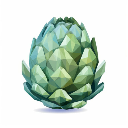 blue artichoke illustration in geometric cubism style. isolated on white, with light green and beige colors. tilt-shift lenses used to create a crystal-like effect. perfect for elaborate fruit arrangements, industrial and product design. dark green leaves add depth to the design. ai generatedの素材