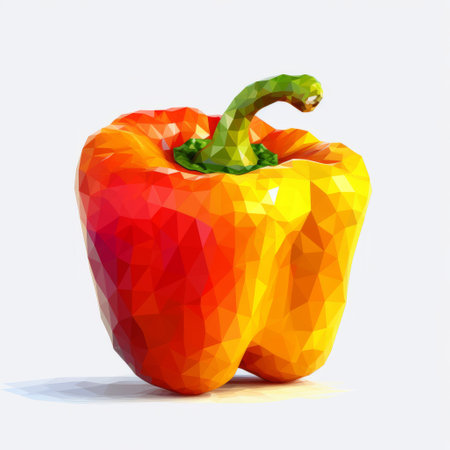 bell pepper 3d low poly model with a distinctive character design. the design features vibrant color gradients, pixel-perfect geometric shapes, and a minimalist illustrator style. the realistic oil paintings add a touch of elegance to the design, while the cross-processing technique enhances the overall look. ai generatedの素材