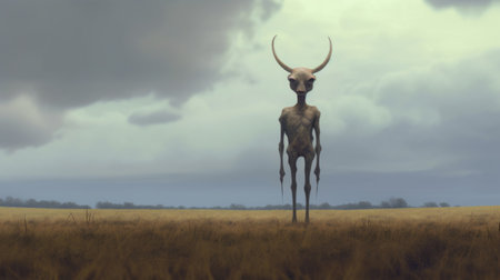 strange old man with horns sticking out in a field, rendered in maya using kubisi art style. the realistic yet stylized portrayal of this otherworldly creature is ominous, with soft shading adding to the eerie atmosphere. ai generatedの素材