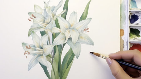 lilies can be painted with watercolor in the style of detailed botanical illustrations. follow the lead of artists like kathrin longhurst and nc wyeth by using light white and light gold colors, creating symmetrical arrangements, and using meticulous linework precision. to achieve close-up intensity, focus on the details of the lily's petals and stamen. ai generatedの素材