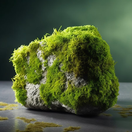this stunning photo captures a round rock covered in vibrant green moss, set against a sleek grey background. the image is reminiscent of the style of renowned photographers such as mike campau and monia merlo, with supple mass and softbox lighting creating a beautifully textured effect. the lush colors and intricate details of the moss are truly captivating, while the composition and lighting evoke theの素材
