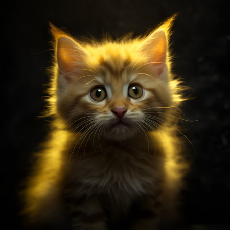 the kitten in this digital art piece sits on a dark background, gazing up at the camera with expressive character designs. the realistic depiction of light showcases flickering light in shades of light red and yellow, while the furry art style adds texture to the kitten's fur. a golden light adds warmth to the overall composition. ai generatedの素材