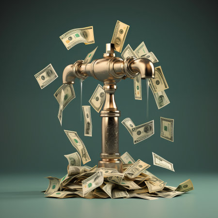 money cascades out of a faucet in this theatrical photo inspired by mike campau's style. the dark teal and beige color scheme adds a touch of realism to the multilayered image created using zbrush. the photo, reminiscent of jakub schikaneder's work, showcases the world's most expensive energy source. the dramatic pigeoncore vibe adds to the overall impact of the image. ai generatedの素材