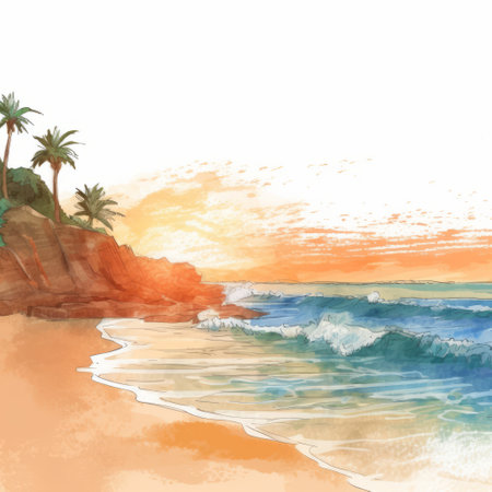 this stunning watercolor painting depicts an exotic landscape with trees and an ocean in light orange and azure hues. the beach portraits are beautifully rendered with physically based rendering, creating a realistic and immersive experience. the richly colored skies add depth and dimension to the scene, while the hand-coloring technique adds a unique touch. this fictional landscape is a true work of art, perfect forの素材