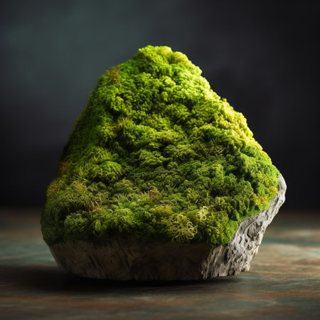 green moss thrives on the tip of a rock, captured in a realistic still life photograph with dramatic lighting. this stunning image showcases the beauty of nature and the intricate details of the moss. the use of zbrush and found object installations adds to the grandiose color scheme and unpolished authenticity of the photo. this tabletop photography piece highlights the beauty in mundane materials andの素材