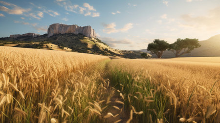 mountain, grass, and sun in unreal engine 5 style showcase the essence of nature in mediterranean landscapes. the grit and grain of the image add to the pastoral setting, creating a vibrant landscape that is perfect for adventurecore enthusiasts. ai generatedの素材