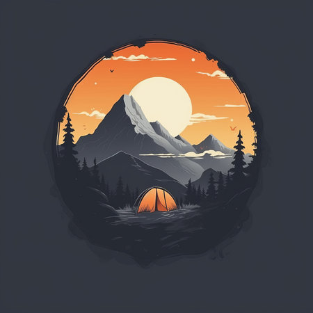 camping tent illustration with tonalist style mountains in the background. dark gray and orange colors create a nostalgic forestpunk vibe. circular shapes and low resolution add to the bob ross-esque charm. ai generatedの素材