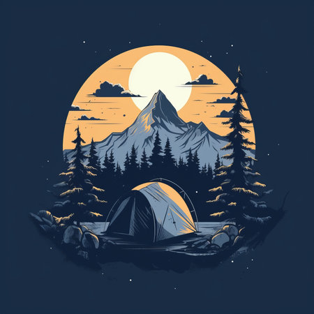 camping tent under a big moon in a meadow surrounded by trees. the graphic rock-inspired composition in light navy and dark beige creates a high-contrast realism effect. the warm tonal range of dark teal and dark yellow adds to the mountainous vistas. perfect for adventure pulp enthusiasts. ai generatedの素材