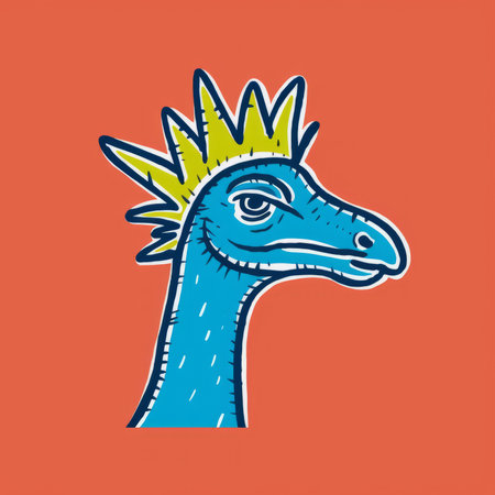 blue dinosaur with crown walking in a field, portrayed in a bold graphic style with dark yellow and orange linear illustrations. the brightly colored birds add a clever wit to the illustration, which is done in the style of portraiture iconography. ai generatedの素材