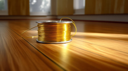 wire spool on wooden floor with light 3d rendering, featuring elaborate gilding and vibrant, lively colors. the image is styled after kodak gold 200 and shot with a tokina opera 50mm f14 ff lens. the smooth and shiny layered fibers create a stunning visual effect reminiscent of the works of simon vouet. ai generatedの素材