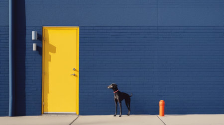 the brick wall and metal building in this photo are reminiscent of the style of william wegman and rodney smith. the dark azure and yellow color scheme adds a touch of minimalist conceptualism, while the use of bright colors is reminiscent of petcore. the front door and overall composition of the image are reminiscent of the work of ezra stoller. ai generatedの素材