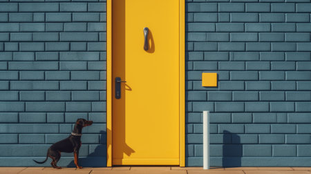 a vibrant coloured wall with a door in the foreground, resembling a cinema4d rendering. the wall is adorned with hyper-realistic animal illustrations, predominantly in yellow. the art style is petcore, with spot metering and minimalistic canine sculptures. this advertising art is sure to catch the eye of any passerby. ai generatedの素材