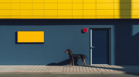 the building's wall features a minimalistic canine sculpture design in blue and yellow hues. the realistic color palette and stark composition create an urban signage feel, enhanced by the use of dark colors. the photo was captured using agfa apx and kodak ektar film. ai generatedの素材