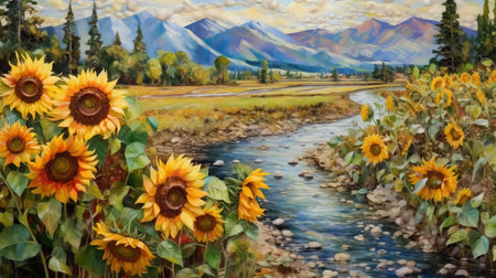 the painting depicts a stunning landscape with sunflowers in front of mountains and a lake, created in the style of realistic oil portraits. the artwork is a joyful celebration of nature, with a colorfield painting technique that adds raw metallicity to the scene. the romanticized country life is captured through flowing brushwork, while the photorealistic wildlife art adds a touch of realism to the overallの素材