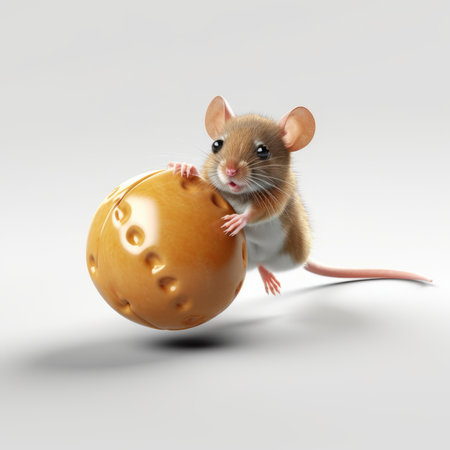 a cheese-made mouse is captured in a photorealistic rendering, playing with a ball on a white background. the precisionism influence is evident in the skillful and detailed depiction, while the wimmelbilder and aurorapunk styles add a touch of whimsy. the matte photo finish enhances the overall effect. ai generatedの素材