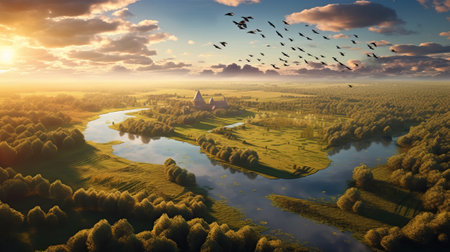 two animals soar over a tranquil river in this stunning national geographic photo. the contemporary take on medieval art features vibrant colors and richly detailed backgrounds, creating a fantastic landscape that feels both exaggerated and serene. the pastoral scene is brought to life with the use of vray tracing, making for a truly breathtaking image. ai generatedの素材