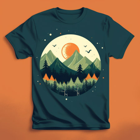 this t-shirt features a stunning graphic design-inspired illustration of a sunrise in the woods, with the sun peeking through the trees and mountains in the background. the dark green and orange color scheme, along with the energy-filled illustrations of birds, perfectly capture the beauty of nature. created by kerem beyit, this t-shirt is a perfect example of graphic design-inspired art, with its use of tealの素材