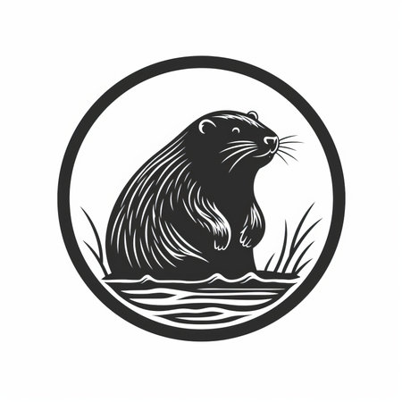 the small beaver logo on a white background is a meticulously crafted scene in the style of black and white realism. it features mid-century illustration, scientific illustrations, and lith printing techniques. the logo has a unique rounded design and a datamosh effect that adds to its charm. ai generatedの素材