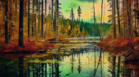 autumn forest wallpaper featuring a vibrant and saturated pigment pool-like style. this digitally enhanced national geographic photo showcases colorful woodcarvings, reflections, and mirroring effects. the captivating landscape is adorned with shades of yellow and green, reminiscent of impressionist paintings. ai generatedの素材