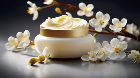 this photo showcases a facial cream made with natural products, captured in the style of tokina opera 50mm f14 ff and pentax smc fa 31mm f18 al limited lenses. the photorealistic rendering is complemented by the rococo art and design, cherry blossoms, and a color palette of dark yellow and light bronze. the landscape-focused composition adds a touch of serenity to the overall aesthetic. aiの素材