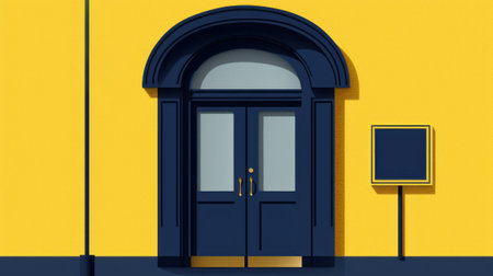 blue doorway with yellow pole and black lettering in graphic design-inspired classical revival style. emotive lighting highlights rounded forms, typical of the helsinki school. rich color palettes of dark gray and yellow create a striking contrast. ai generatedの素材