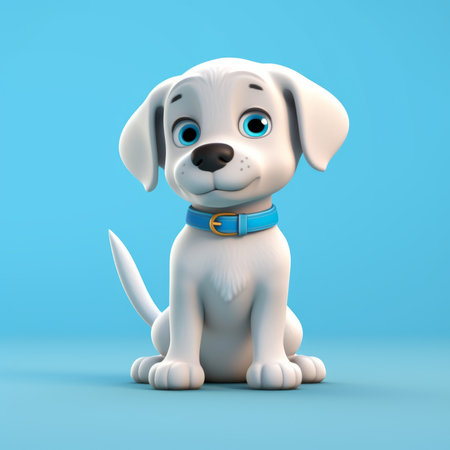 the white puppy model with a blue collar is a vibrant and cartoony character, rendered in both cinema4d and maya. the style of the illustration is reminiscent of a storybook, with rounded features and spot metering. the use of vibrant color gradients adds to the playful nature of the image. ai generatedの素材