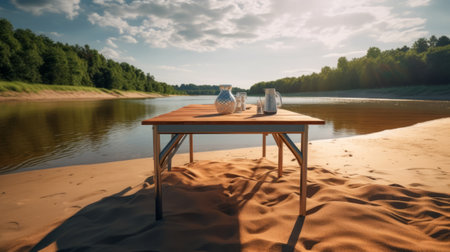 the table on the shore of the lake features plates, cups, and drinks in a minimalist landscape style. the light beige and brown color scheme complements the industrial materials of the chrome-plated table. captured in 32k uhd with a ricoh r1, this cabincore scene is perfect for those who appreciate simplicity and nature. ai generatedの素材