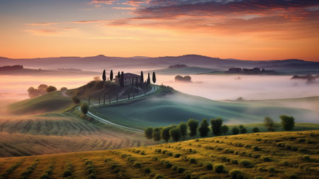 tuscan hills landscape captured by konica auto s3 camera, featuring dreamlike architecture and countryside shrouded in fog. the photo showcases the romantic depiction of historical events with exacting precision. the light emerald and light crimson hues add to the surreal ambiance of the picture. this national geographic photo is a stunning portrayal of the white and amber tuscan countryside. ai generatedの素材
