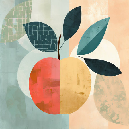 this mixed media artwork features an orange leaf and apple on a white background, with a collage-style design that incorporates geometric shapes, distressed surfaces, and soft color blending. the piece draws inspiration from american mid-century design, with bold graphic illustrations and a muted color palette that showcases the artist's mastery of colorscapes. ai generatedの素材