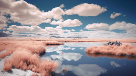 this infrared grasslands stock image captures the essence of dreamy surrealist compositions with sparkling water reflections. the realistic landscapes with soft, tonal colors are beautifully captured through the lens of leica m10. the image features a perfect blend of light brown and sky-blue hues, creating a mesmerizing effect. this national geographic photo is reminiscent of the works of esao andrews. ai generatedの素材