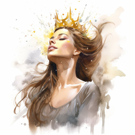 the portrait captures a beautiful girl wearing a crown, painted in fluid dynamic brushwork with a color palette of gray and amber. created by mark lague, the artwork is reminiscent of golden age illustrations and has a strong emotional impact. this watercolor painting was a contest winner. ai generatedの素材
