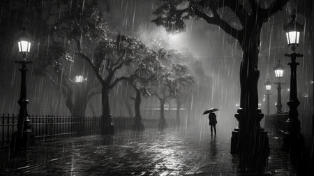 figure walking in the rain on a street captured in monochrome style, resembling romantic illustrations and nightscapes. this high-quality photo is rendered in maya and published by national geographic and associated press. ai generatedの素材