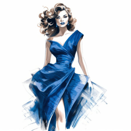 fashion drawing of ladies from the fashion runway collection in photorealistic illustration style. the artwork features a combination of dark blue and azure colors with flowing brushwork, giving it a classic hollywood glamour look. the rollerwave effect adds to the overall aesthetic of the piece, which has been colorized and rendered in high resolution for a stunning tonal effect. ai generatedの素材