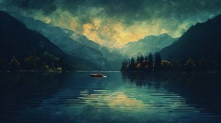 calm lake with mountains in the horizon, painted in the nostalgic post-impressionism style of cyril rolando and heiner luepke. the painting features a chiaroscuro technique, creating a stunning contrast between light and dark. the uhd image showcases the pixelated landscapes, reminiscent of the works of leonid afremov. ai generatedの素材