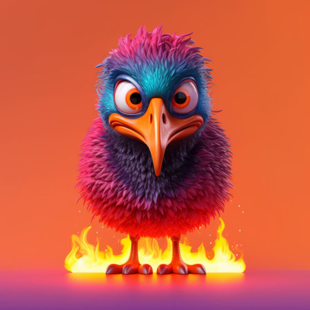 3d cartoon kiwi bird illustration engulfed in fiery flames on a purple and azure background. the hyper-realistic bird studies and inventive character designs are reminiscent of sam spratt and bill gekas. the rough textures and saturated color field add depth to the image. ai generatedの素材