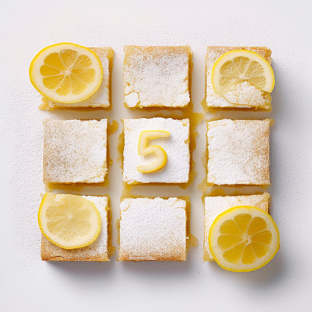 lemon cake slices, arranged in squares, are captured in this aerial view photograph on a white background. the graphic symbols and numerical complexity of the composition are reminiscent of ando fuchs' style, while the soft and romantic scenes evoke arnoldo pomodoro's work. jordan grimmer's touch is also evident in this stunning image. ai generatedの素材