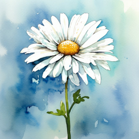 the watercolor painting showcases a daisy and its surroundings with detailed background elements. the light white and blue hues create an expressive character design, while the use of light and shadow adds depth to the illustration. the graphic illustration features a dark white and cyan color scheme. ai generatedの素材
