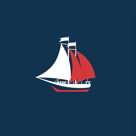 sailing ship logo with a red, white, and blue striped sail. simple and minimalistic design with a traditional color scheme. low resolution and birds-eye-view style, inspired by new york school and tupinipunk. perfect for those who appreciate minimalistic objects and monochromatic color palettes. ai generatedの素材
