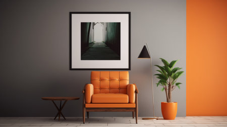 an orange chair and a black lamp take center stage in this fine art photograph by christopher balaskas. the dark gray and light emerald color palette adds a touch of elegance to the composition, reminiscent of worthington whittredge's framing techniques. the graphic and symmetrical elements create a visually captivating scene, captured on fujifilm provia 400x film. ai generatedの素材