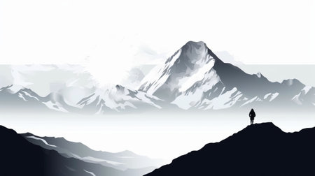 man atop mountain gazes at the majestic peaks in high-contrast shading. simplistic vector art style with clean, sharp inking and dark white/light silver color scheme. himalayan art-inspired, referential painting with a landscape focus. ai generatedの素材