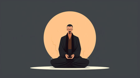 sikh religious man in lotus pose, styled with japanese minimalism and gothic illustration. the emotive storytelling techniques used in the photo are reminiscent of george lucas. the high-quality 8k resolution captures the dark gray and amber tones of the image, while the man's beard adds a touch of pierce brosnan's rugged charm. ai generatedの素材