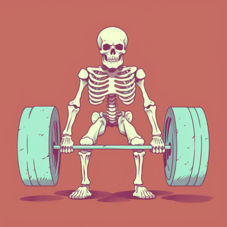 skeleton lifting barbell in isolated graphic style on red background. classic still-life meets colorful cartoon with dark gray and light cyan hues. suburban ennui is captured with a strong facial expression. this 1970s-present design exudes raw energy. ai generatedの素材