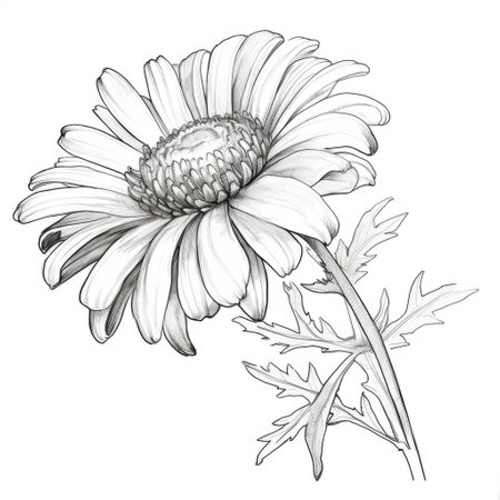 this pencil drawing of a flower showcases a detailed character illustration style with clean and sharp inking. the simplified line work is complemented by realistic color schemes, while the trace monotone, white and gray hues give it a scientific illustration feel. ai generatedの素材