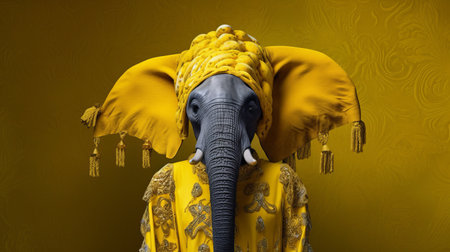 the elephant in this national geographic photo is dressed in a stunning costume, complete with a turban. the character design is emphasized by the exquisite clothing detail, reminiscent of golden age illustrations. the baroque portraiture style, with its dark yellow and silver tones, adds to the regal feel of the image. at 32k uhd, every detail of this magnificent creature is captured beautifully. ai generatedの素材